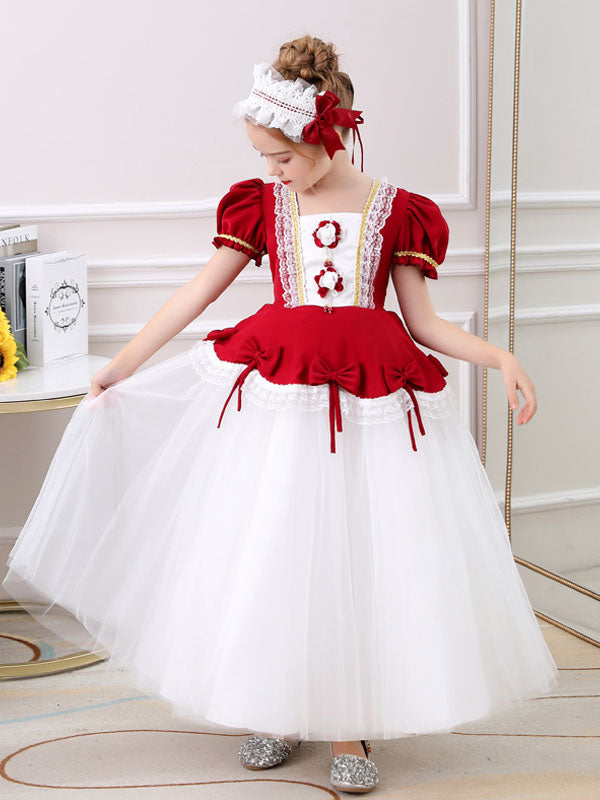 Red Square Neck Short Sleeves Ankle-Length Princess Tulle Flowers Kids Party Dresses-showprettydress