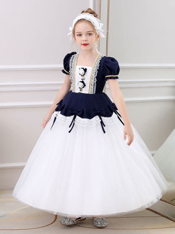 Red Square Neck Short Sleeves Ankle-Length Princess Tulle Flowers Kids Party Dresses-showprettydress