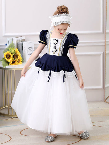 Red Square Neck Short Sleeves Ankle-Length Princess Tulle Flowers Kids Party Dresses-showprettydress