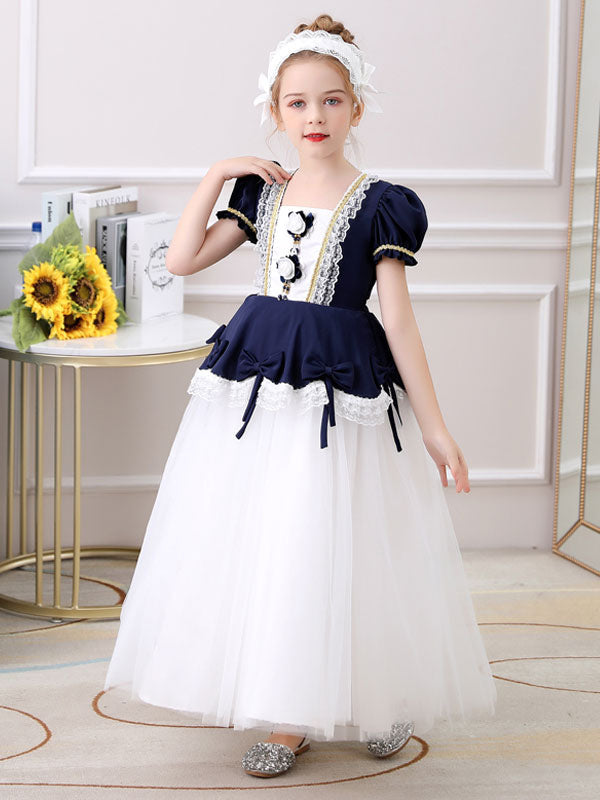 Red Square Neck Short Sleeves Ankle-Length Princess Tulle Flowers Kids Party Dresses-showprettydress