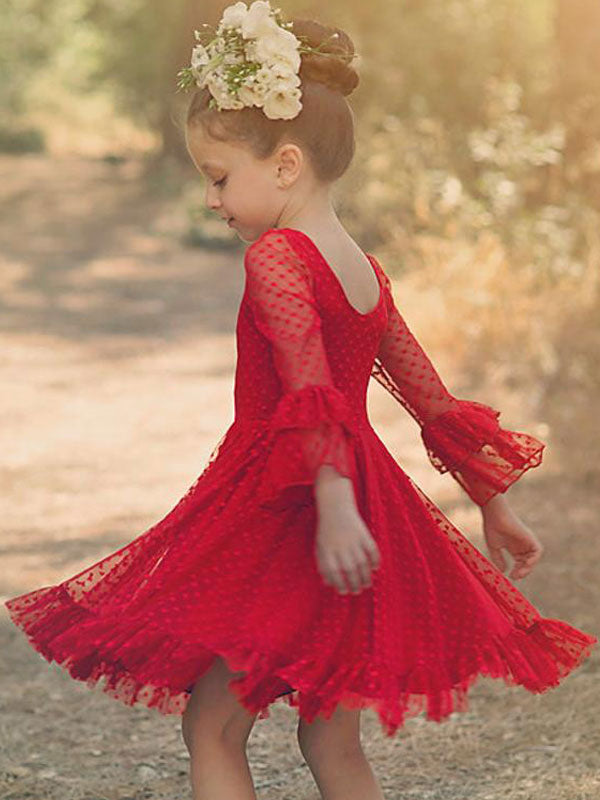 Red V-Neck Long Sleeves Lace Polyester Formal Kids Pageant flower girl dresses-showprettydress