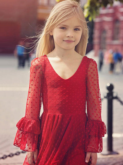 Red V-Neck Long Sleeves Lace Polyester Formal Kids Pageant flower girl dresses-showprettydress