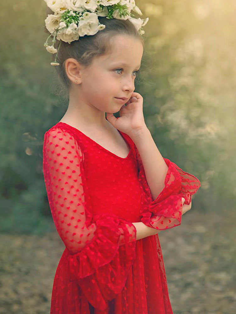 Red V-Neck Long Sleeves Lace Polyester Formal Kids Pageant flower girl dresses-showprettydress