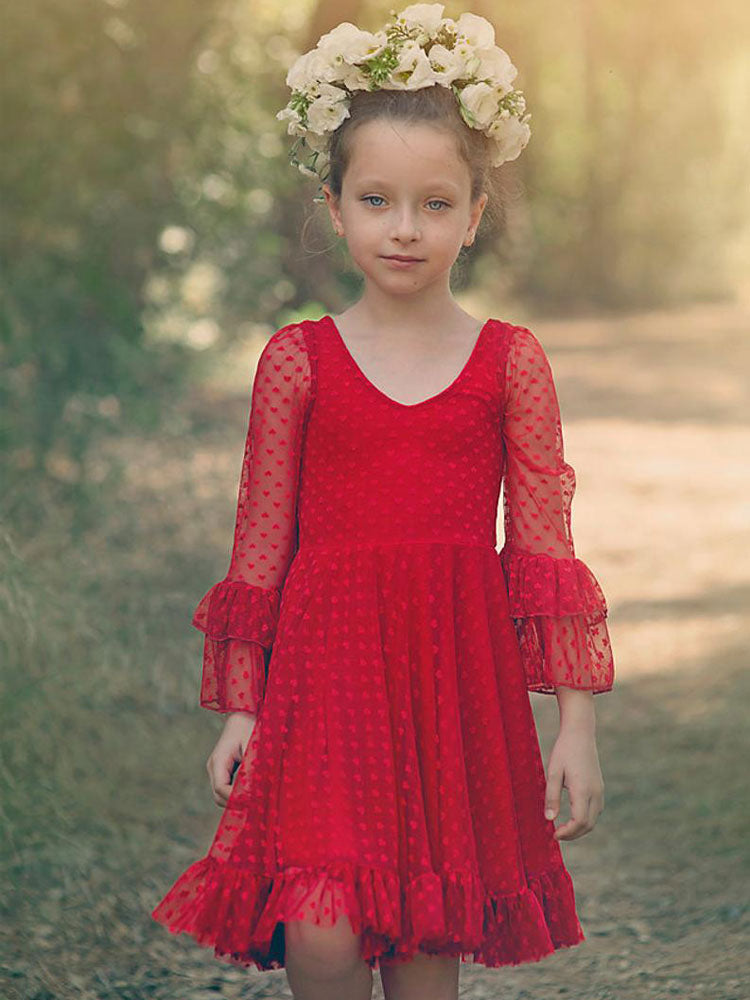 Red V-Neck Long Sleeves Lace Polyester Formal Kids Pageant flower girl dresses-showprettydress