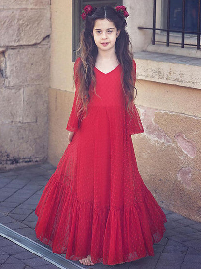 Red V-Neck Polyester Long Sleeves Ankle-Length A-Line Lace Formal Kids Pageant flower girl dresses-showprettydress