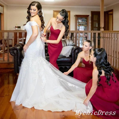 Long Mermaid Red Wedding Guest Dresses Long Sweetheart Bridesmaid Dresses