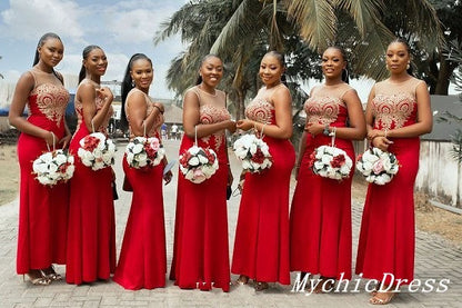 Roycebridal Mermaid Lace Appliques Red Bridesmaid Dresses Sleeveless