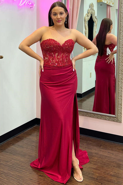 Roycebridal Ember | Sweetheart Corset Lace Hot Pink Long Prom Dress with Slit