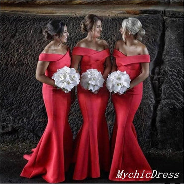 Roycebridal Hot Off the Shoulder Red Wedding Guest Dresses UK Floor Length Bridesmaid Dress