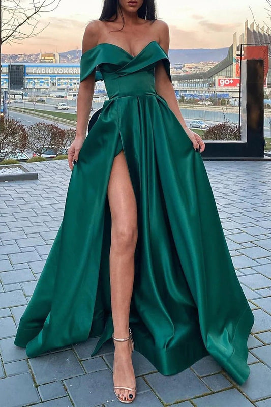 Roycebridal Marina | A-Line Prom Dresses Celebrity Style Dress Christmas Floor Length Short Sleeve V Neck Satin with Slit