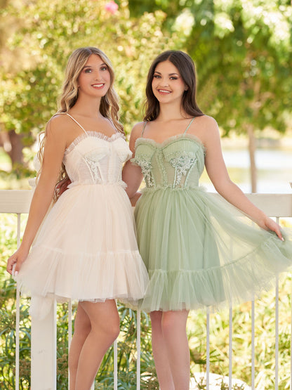 Roycebridal Rosa | Spaghetti Straps Tulle Lace Appliques  Short Prom Dresses With Bow