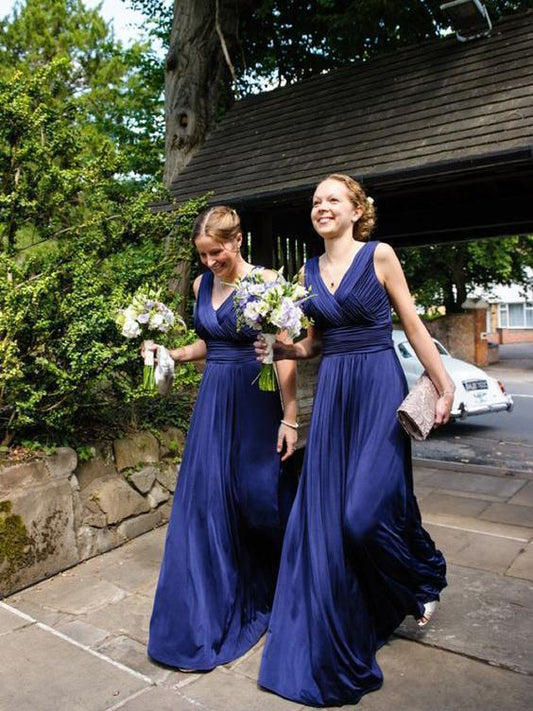 Roycebridal Sheath Long Royal Blue Bridesmaid Dresses V Neck Pleated Sleeveless