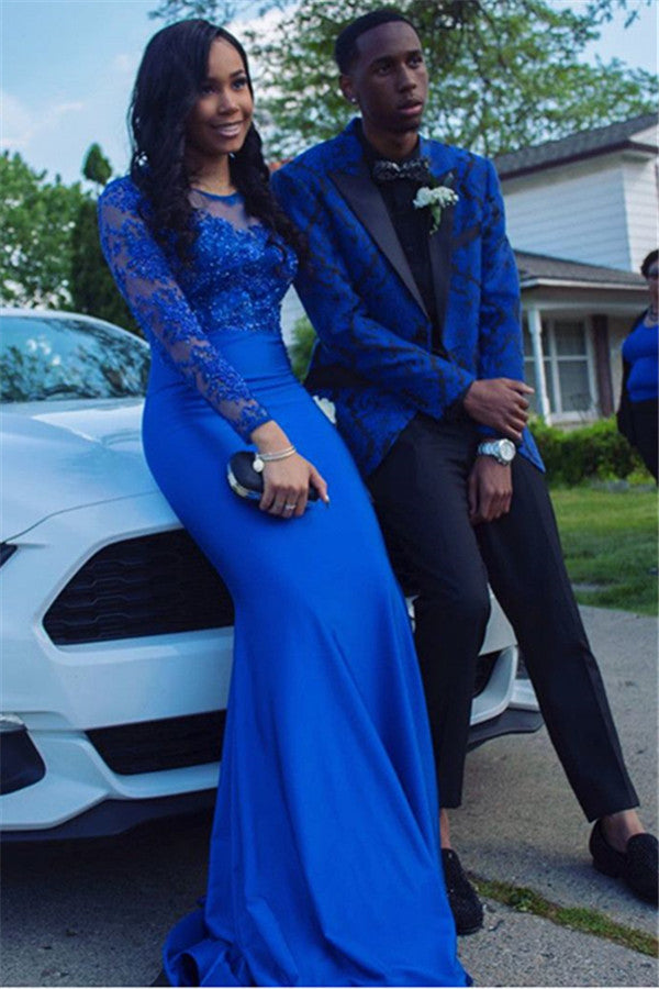 Royal Blue Jacquard Designer Boy Prom Suits with Black Lapel-showprettydress