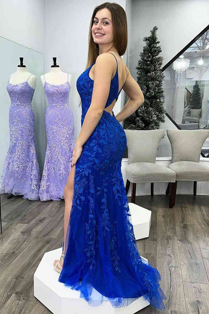 Roycebridal Royal Blue Mermaid Deep V Neck Tulle Applique Long Prom Dress