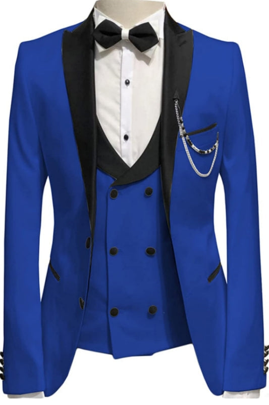 Meryl Royal Blue Peaked Lapel Three Pieces Close Fitting Prom Suits