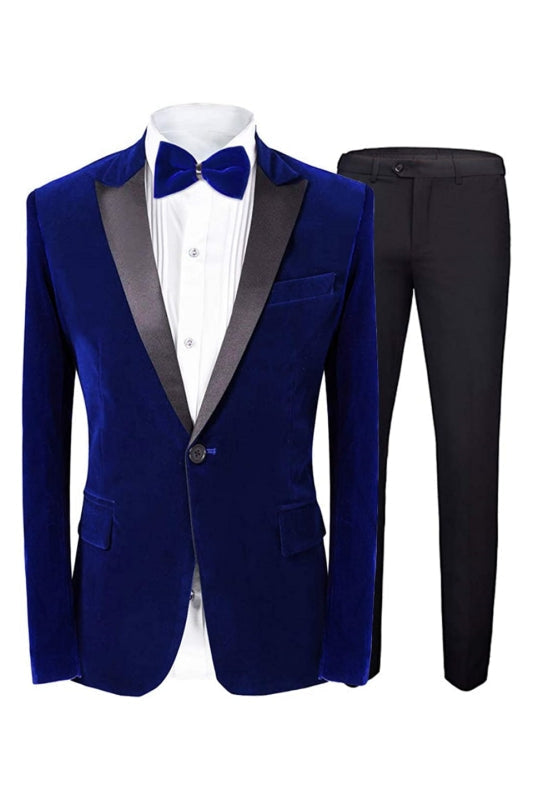 Basil Fashion Royal Blue Peaked Lapel Two Pieces Velvet Prom Suits For Men