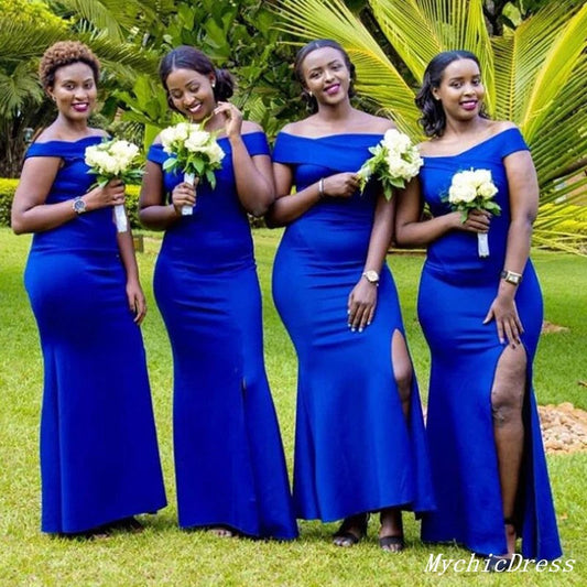 Roycebridal Mermaid Long Royal Blue Bridesmaid Dresses Satin African Wedding Guest Dress