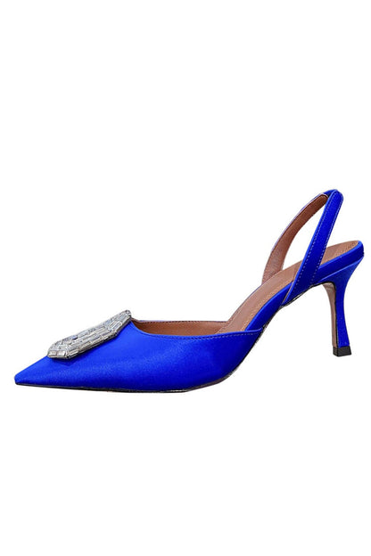 Royal Blue Satin Buckled Mid Heel Stiletto Sandals