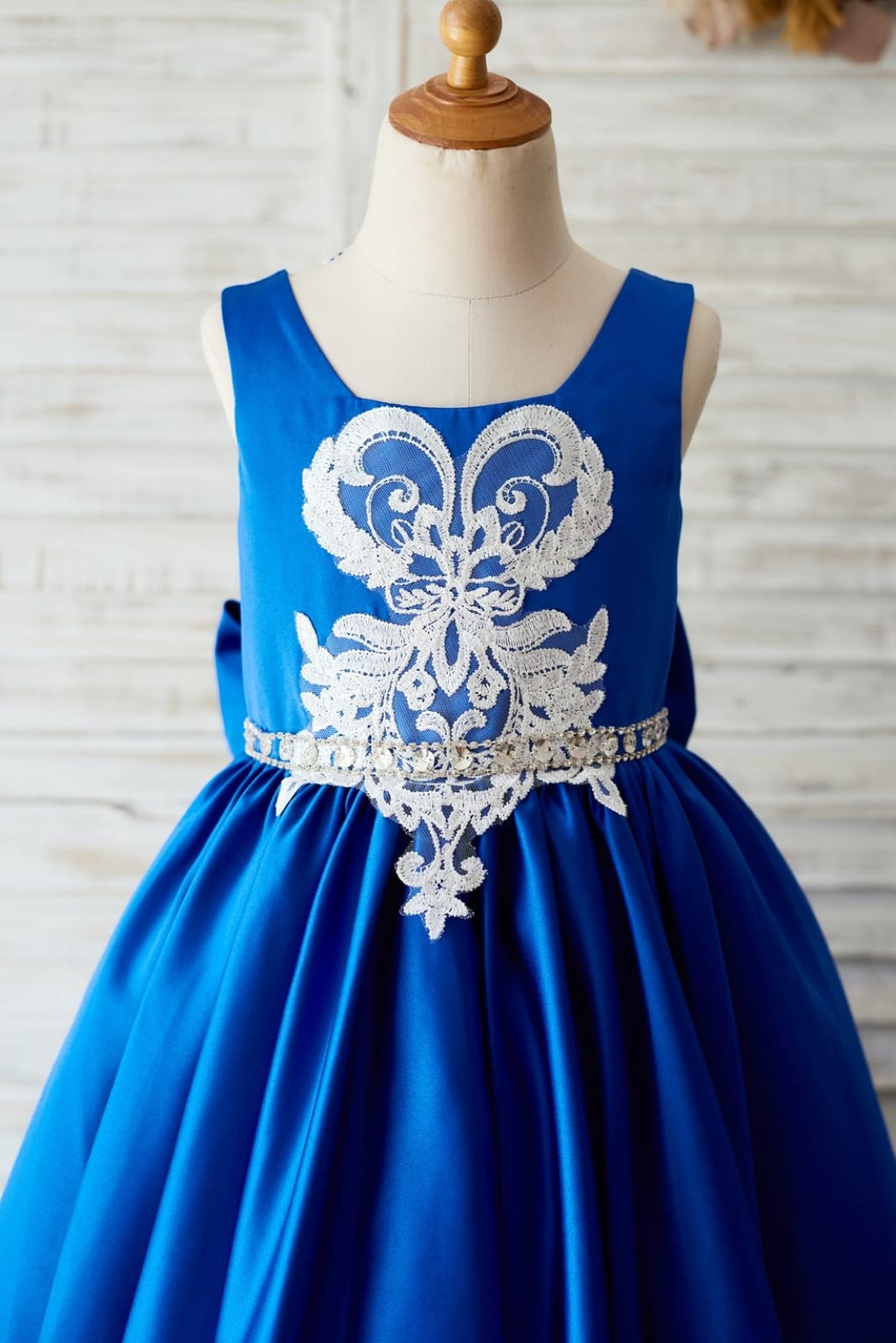 Royal Blue Satin Square Neck Wedding Party Flower Girl Dress