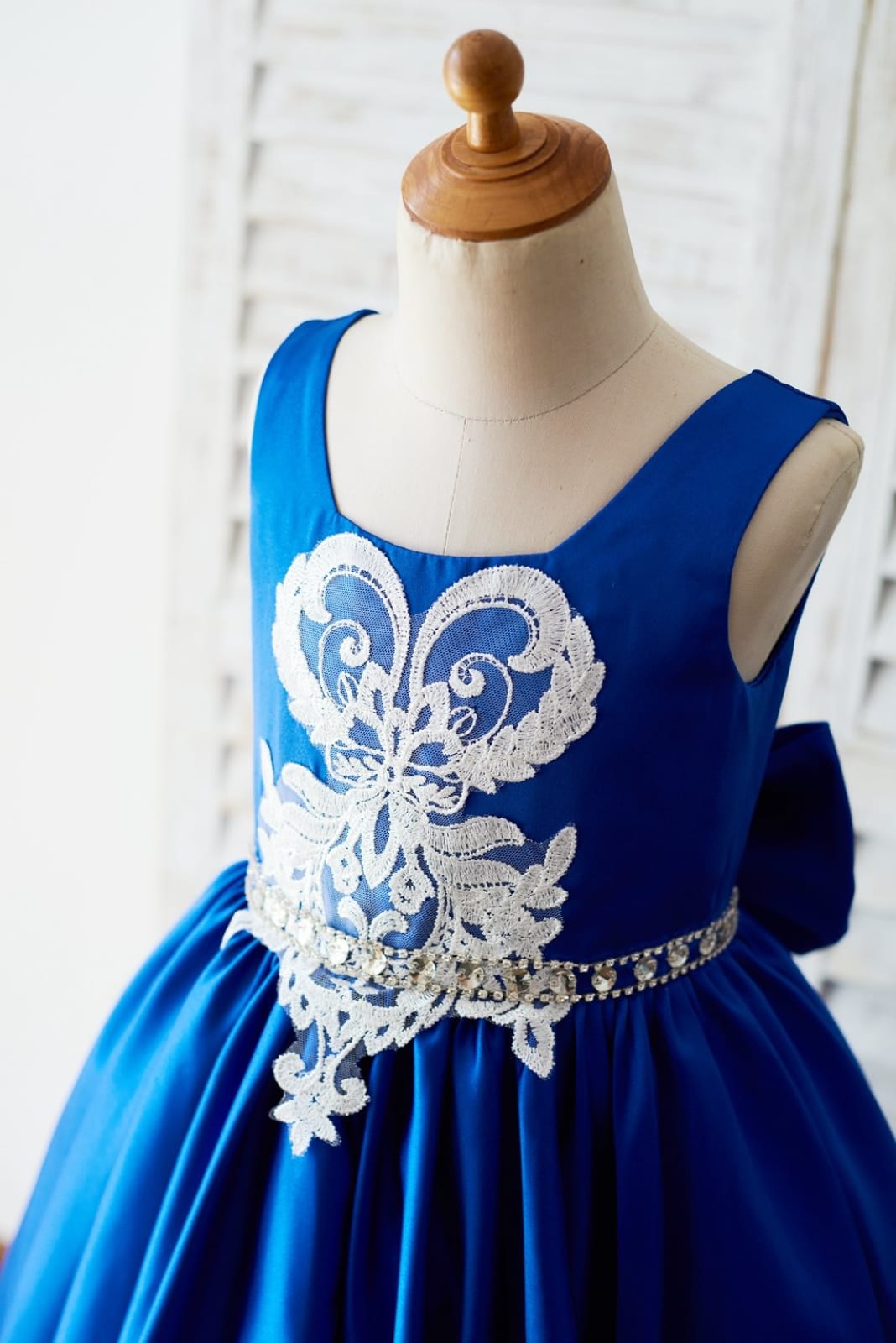 Royal Blue Satin Square Neck Wedding Party Flower Girl Dress