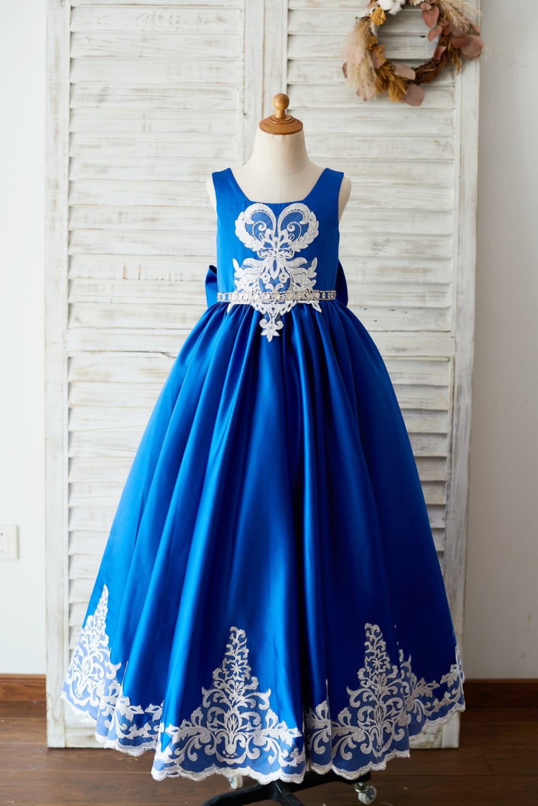 Royal Blue Satin Square Neck Wedding Party Flower Girl Dress