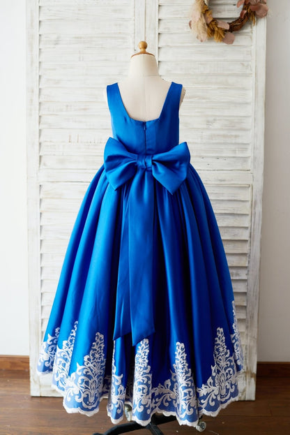 Royal Blue Satin Square Neck Wedding Party Flower Girl Dress