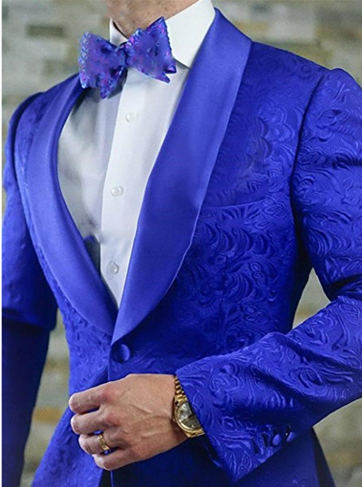 Royal Blue Shawl Lapel GroomsMen Marriage Tuxedos Jacquard Men Suits Prom Best Man Blazer Two-pieces-showprettydress