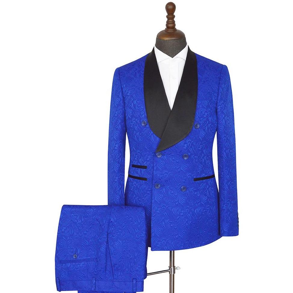 Royal blue Shawl Lapel Slim Fit Double Breasted Jacquard Wedding Suits-showprettydress