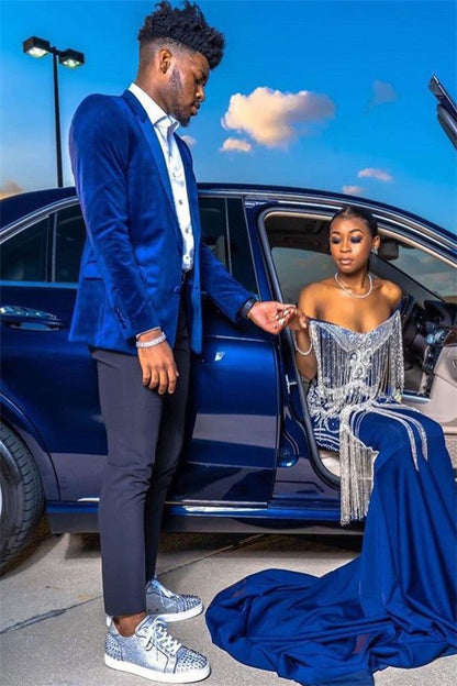 Royal Blue Velvet Prom Outfits Online Chic Peaked Laple Men's Suit with Two Pieces-showprettydress