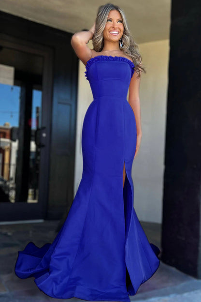 Roycebridal Denver | Strapless Maganta Ruffle Mermaid Slit Long Prom Dress