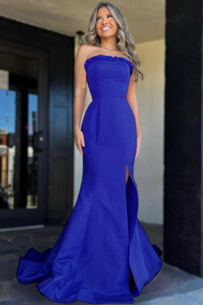 Roycebridal Denver | Strapless Maganta Ruffle Mermaid Slit Long Prom Dress