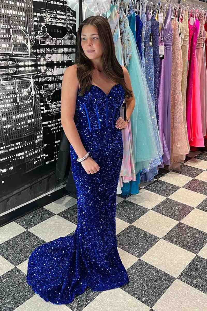 Roycebridal Sweetheart Mermaid Light Blue Sequin Long Prom Dress