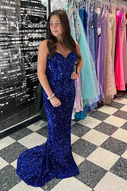 Roycebridal Sweetheart Mermaid Light Blue Sequin Long Prom Dress