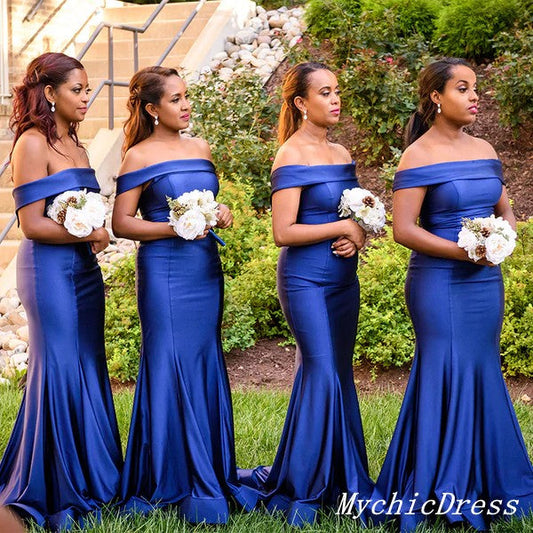 Long Satin Mermaid Bridesmaid Dresses Royal Blue Wedding Guest Dress Off Shoulder