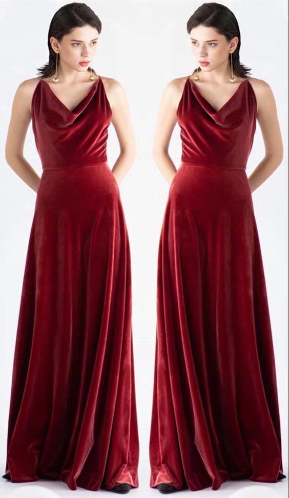 Roycebridal Rust Velvet Bridesmaid Dresses V Neck Sleeveless Wedding Guest Dress