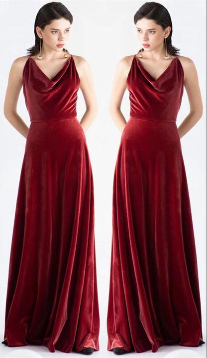 Roycebridal Rust Velvet Bridesmaid Dresses V Neck Sleeveless Wedding Guest Dress