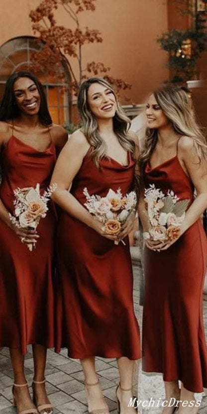 Simple Cheap Rust Bridesmaid Dresses UK Midi Wedding Guest Dresses