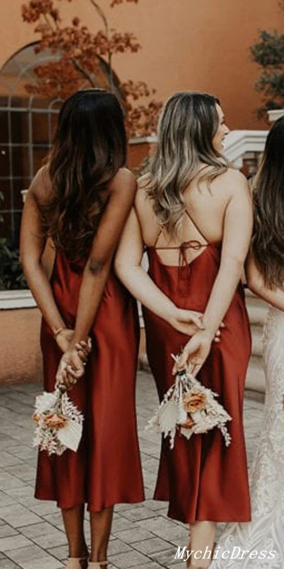 Simple Cheap Rust Bridesmaid Dresses UK Midi Wedding Guest Dresses