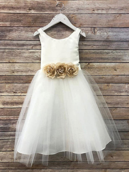 Satin Jewel Neck Sleeveless Flowers Ankle Length Sash Kids Party Dresses-showprettydress