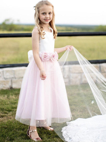 Satin Jewel Neck Sleeveless Flowers Ankle Length Sash Kids Party Dresses-showprettydress