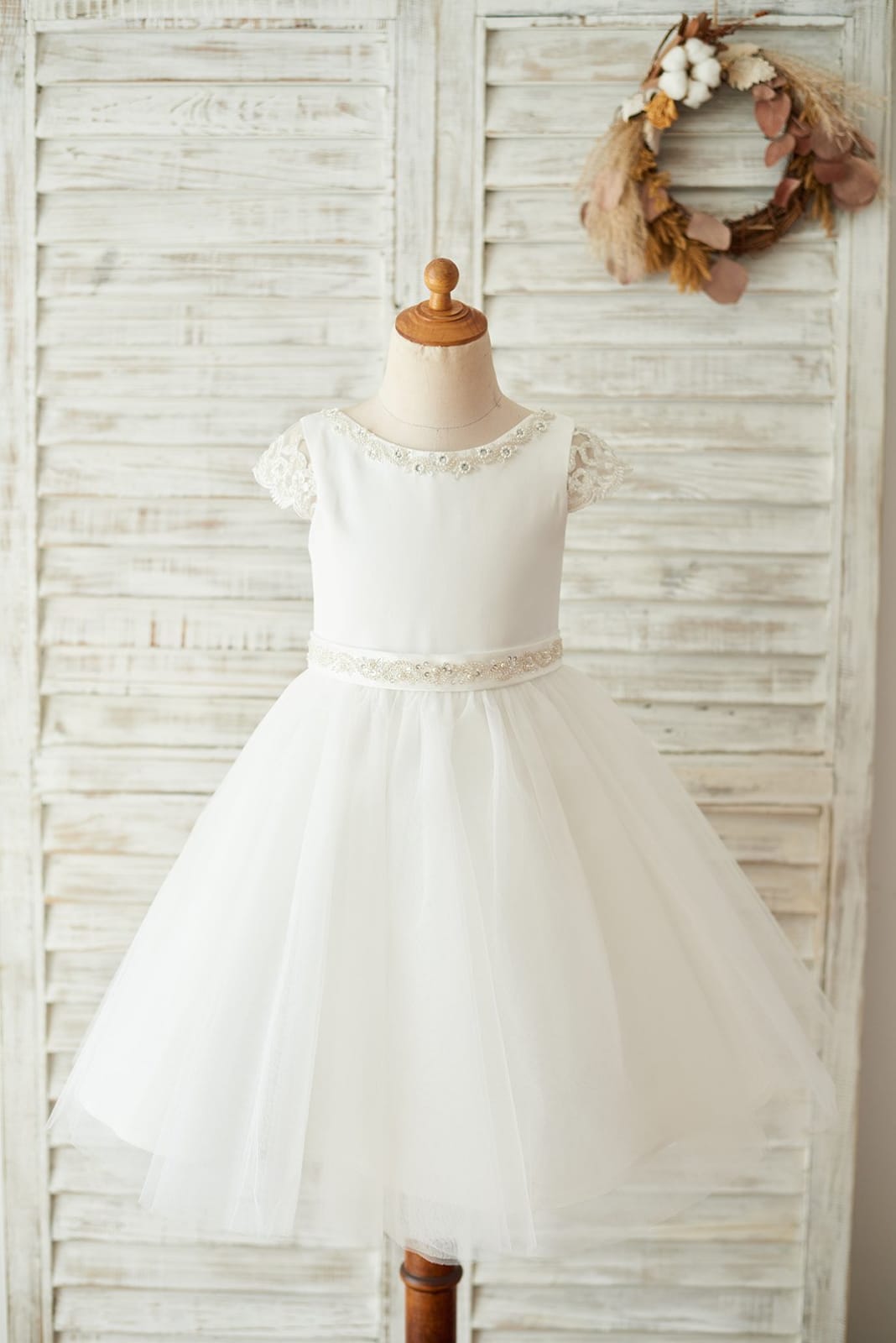 Satin Tulle Beaded Lace Cap Sleeves Sheer Back Wedding 