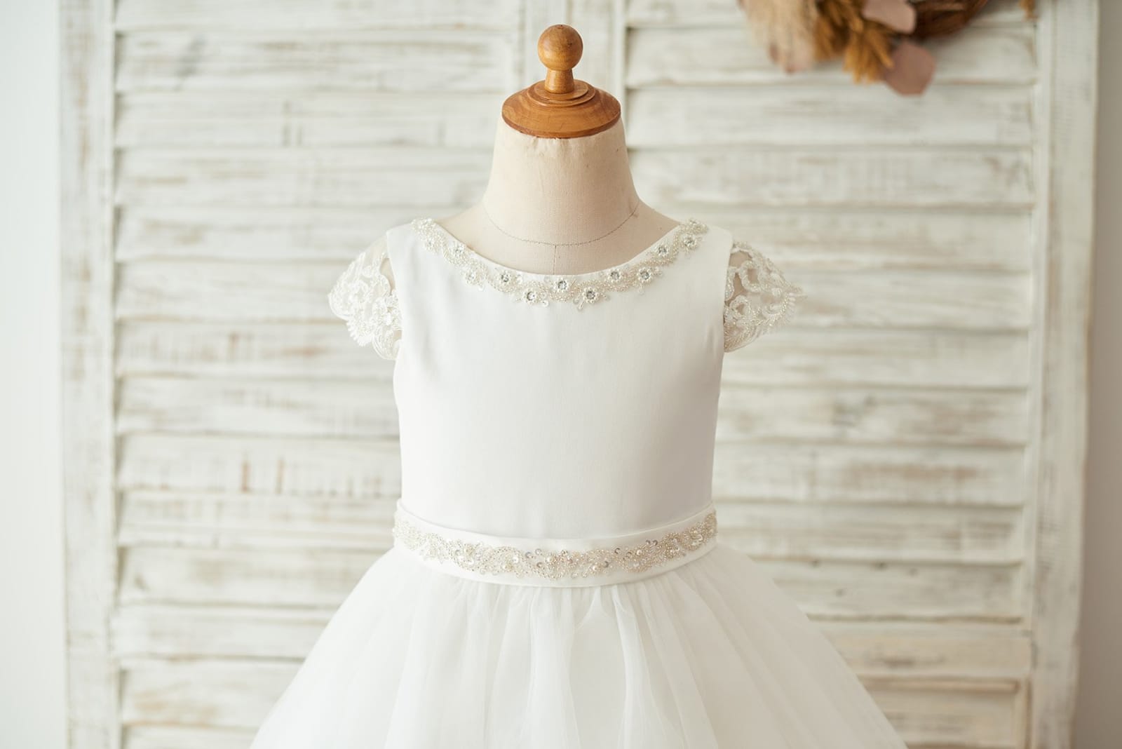 Satin Tulle Beaded Lace Cap Sleeves Sheer Back Wedding 