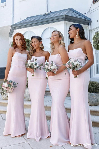 Roycebridal Sexy Strapless Long Pink Bridesmaid Dresses Satin Wedding Guest Dress