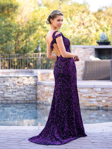 Roycebridal Grape Mermaid One-Shoulder Sequin Long Prom Dress with Slit