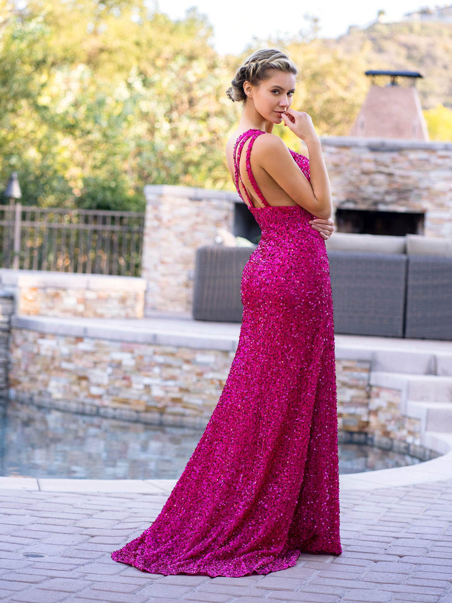 Roycebridal Fuchsia Mermaid One Shoulder Sequin Long Prom Dress with Slit