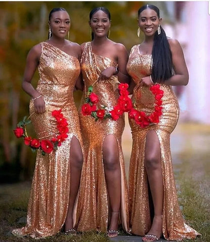 Mermaid One Shoulder Gold Sequin Bridesmaid Dresses with Split