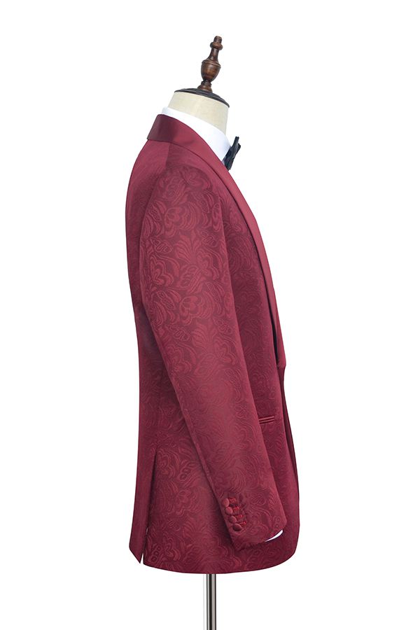 Sharp-looking Burgundy Jacquard One Button Silk Shawl Lapel Mens Suits for Wedding and Prom-showprettydress