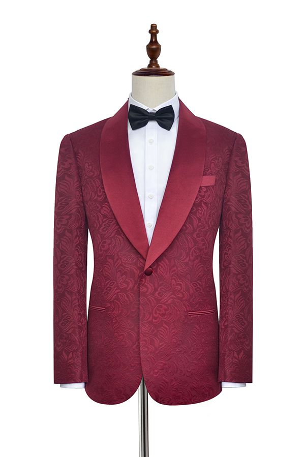 Sharp-looking Burgundy Jacquard One Button Silk Shawl Lapel Mens Suits for Wedding and Prom-showprettydress