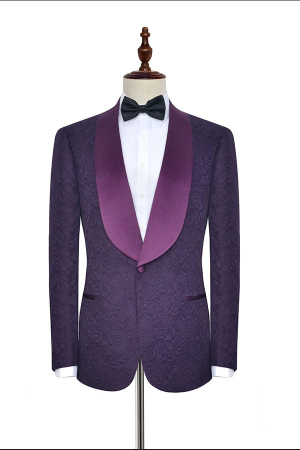 Sharp-looking Dark Purple One Button Wedding Tuxedos Silk Shawl Lapel Jacquard Marriage Suits-showprettydress