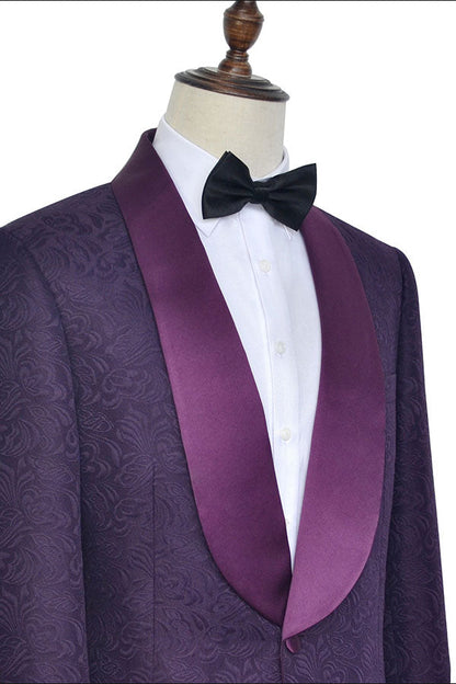 Sharp-looking Dark Purple One Button Wedding Tuxedos Silk Shawl Lapel Jacquard Marriage Suits-showprettydress